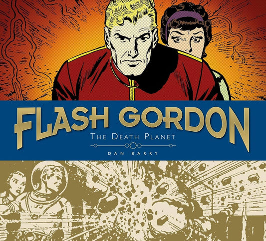 Comic book cover for Flash Gordon: The Death Planet by Dan Barry, featuring Flash Gordon in a red uniform against an orange background, with a blue title band and a sepia-toned space battle scene below.