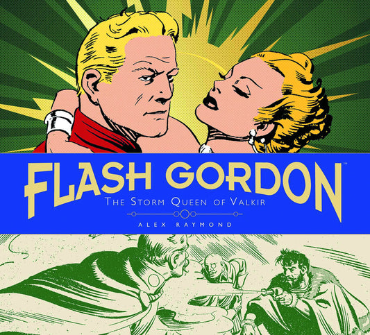 Book cover for 'Flash Gordon: The Storm Queen of Valkir' by Alex Raymond, featuring a retro comic-style illustration with a blonde Flash and Queen of Valkir against a green burst background, with a blue title band across the center.