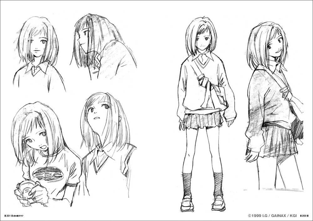 Close-up sketches and rough character design studies from the FLCL Archives art book.
