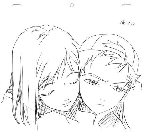 A black and white line art sketch of two anime-style characters, a girl with closed eyes resting her head on a boy's shoulder, with the text 'A-10' in the upper right corner.