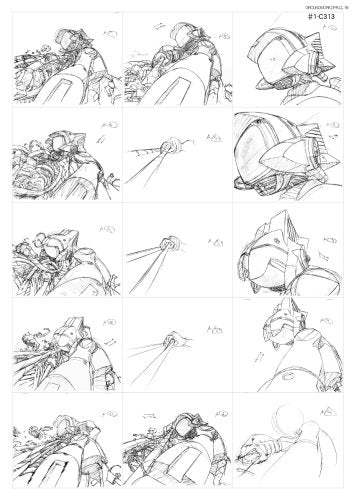 A 12-panel black and white animation sketchbook page featuring concept art and character designs, including a helmeted warrior and mechanical figures. The page has handwritten notes and the text 'TRANSFORMERS' and 'B-1 C313' in the top right corner.