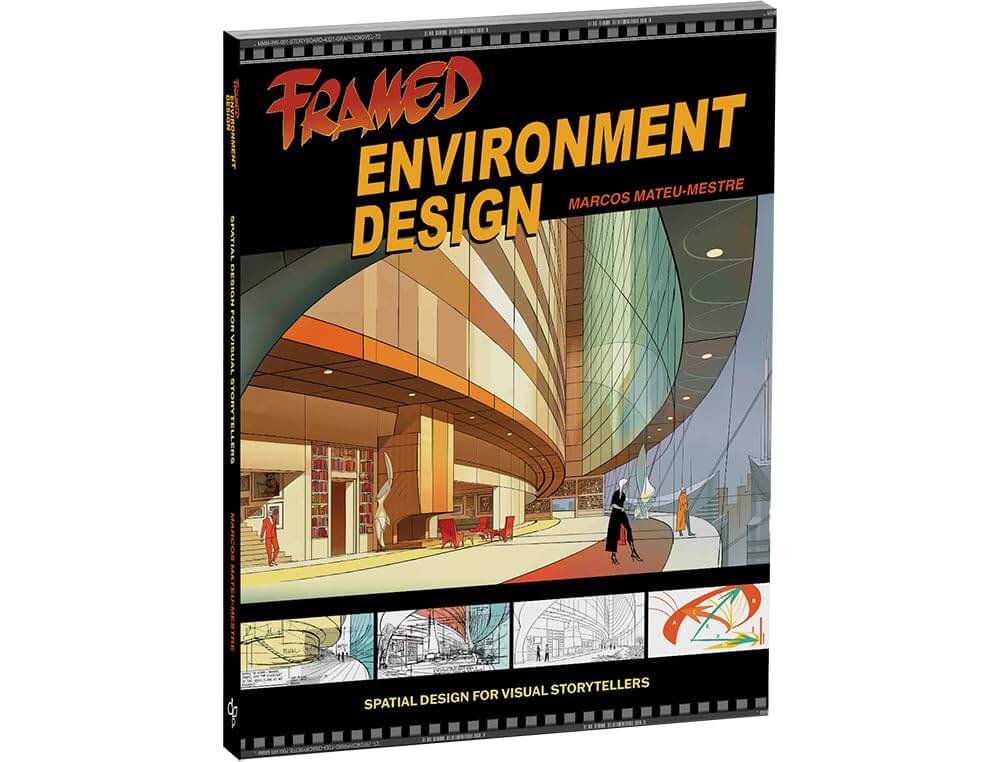 A book titled 'Framed Environment Design' by Marcos Mateu-Mestre, shown at a slight angle on a white background. The cover features a black film-strip border design, bold red and yellow title text, and a central architectural illustration of a modern curved building interior.
