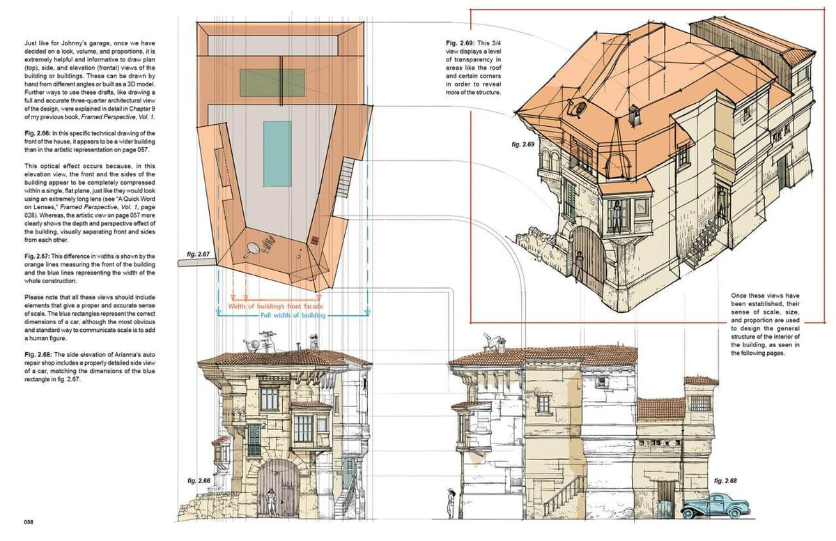A printed architectural design page showing multiple hand-drawn house elevations and cross-sections with explanatory text. The page includes labeled roof and wall diagrams, rendered in tan, brown, gray, and blue line art on a white page.