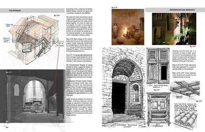 A printed architectural reference page with black-and-white line drawings, explanatory text, and small color photographs. The page includes an interior architectural section, an arched doorway sketch, and a references section with labeled images.