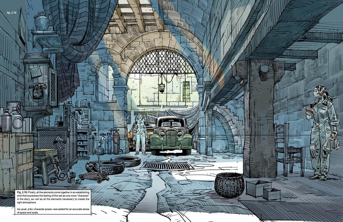 A detailed comic-style illustration of a vintage green car parked inside a large, dusty garage with stone arches, tools, barrels, and a standing figure on the right. The artwork uses a muted blue-gray ink palette with white highlights.