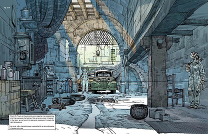 A detailed comic-style illustration of a vintage green car parked inside a large, dusty garage with stone arches, tools, barrels, and a standing figure on the right. The artwork uses a muted blue-gray ink palette with white highlights.