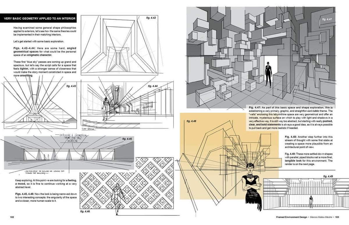 A printed interior design or architecture reference page showing multiple black-and-white line drawings, explanatory text, and a few small color blocks, likely used as a design guide rather than a product photo.