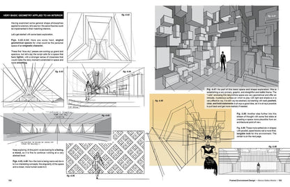 A printed interior design or architecture reference page showing multiple black-and-white line drawings, explanatory text, and a few small color blocks, likely used as a design guide rather than a product photo.