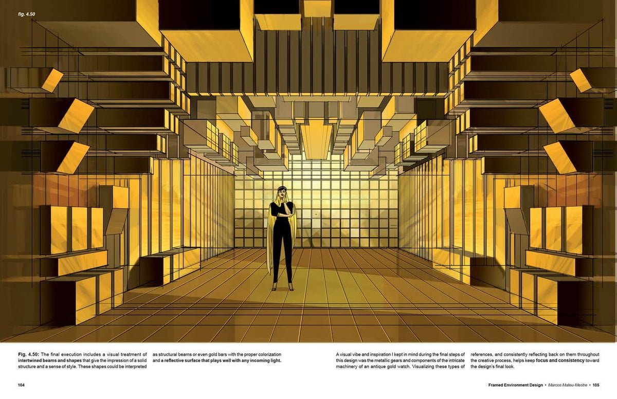 A stylized architectural illustration showing a person standing in a futuristic corridor with glowing yellow and orange geometric panels and dark slatted walls. Small caption text appears along the bottom margin.
