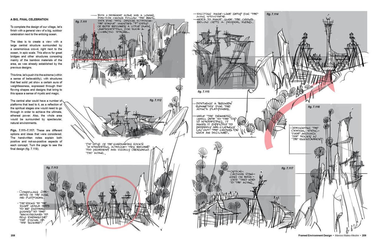 A printed design document or book page showing hand-drawn architectural/environmental sketches, labeled 'A BIG FLOW CELEBRATION,' with black ink drawings, gray shaded areas, and a red circle highlighting a section near the lower left.