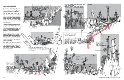 A printed design document or book page showing hand-drawn architectural/environmental sketches, labeled 'A BIG FLOW CELEBRATION,' with black ink drawings, gray shaded areas, and a red circle highlighting a section near the lower left.