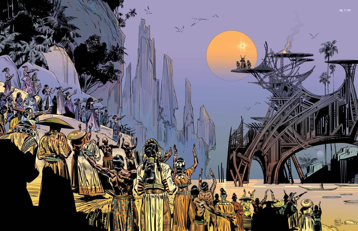 A stylized illustrated scene showing a large crowd of people gathered outdoors near futuristic structures and tall rock formations under a large orange sun. The artwork uses a graphic, poster-like palette with black, lavender, beige, and orange tones.