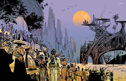 A stylized illustrated scene showing a large crowd of people gathered outdoors near futuristic structures and tall rock formations under a large orange sun. The artwork uses a graphic, poster-like palette with black, lavender, beige, and orange tones.
