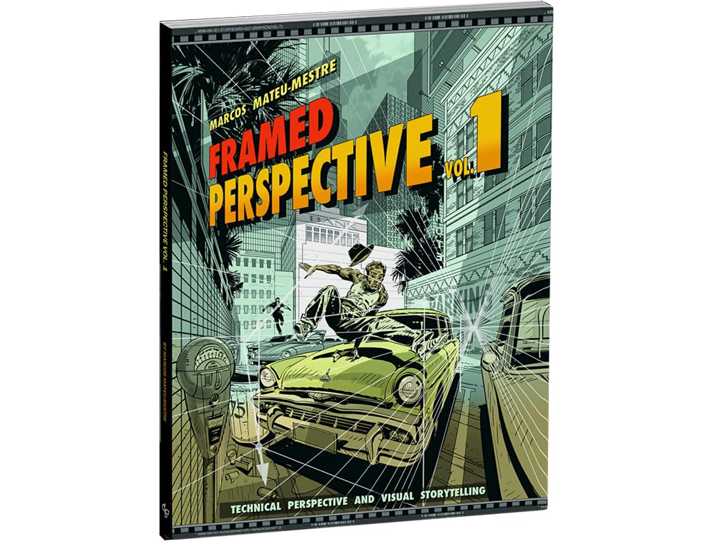 Framed Perspective Vol. 1 technical art book by Marcos Rain-Mestre, featuring a vintage-style illustration of a street scene with a green car and a man in a top hat, shown at a slight angle against a white background.