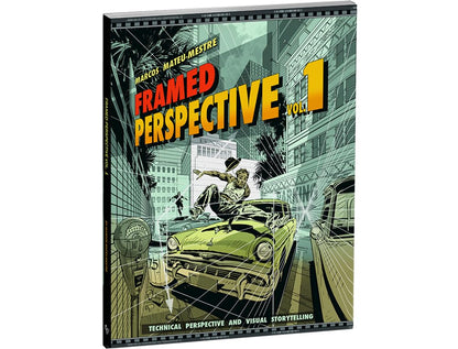 Framed Perspective Vol. 1 technical art book by Marcos Rain-Mestre, featuring a vintage-style illustration of a street scene with a green car and a man in a top hat, shown at a slight angle against a white background.
