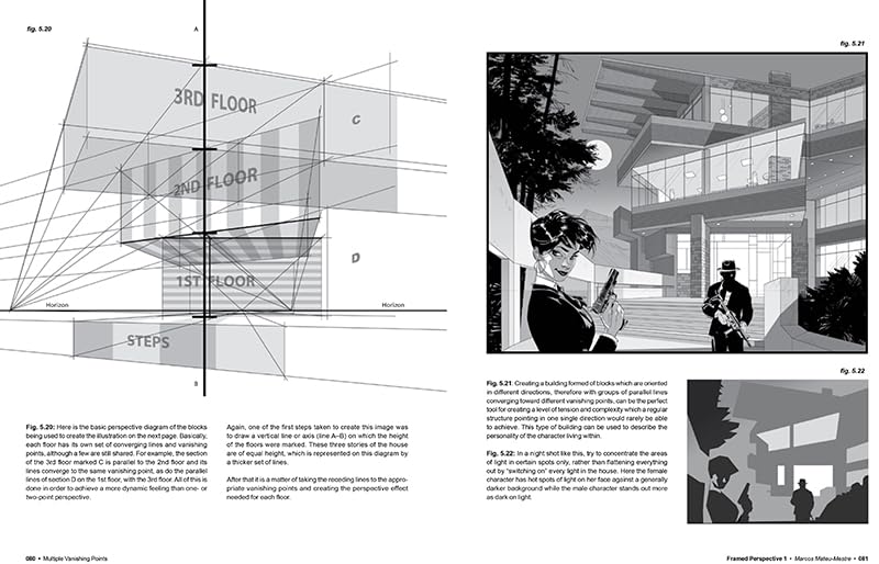 Illustration of a building with architectural diagrams and a scene with people in an urban setting.