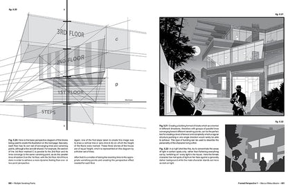 Illustration of a building with architectural diagrams and a scene with people in an urban setting.