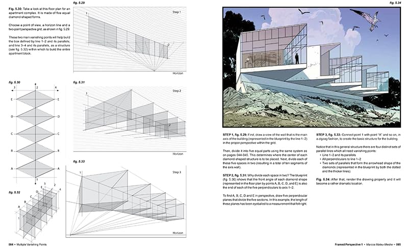 Architectural design drawings and a rendered image of a modern building.