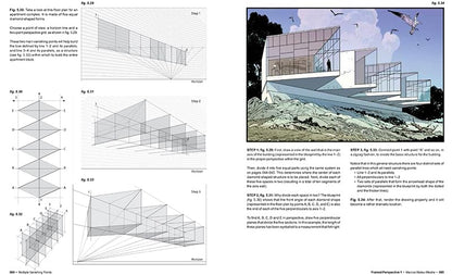 Architectural design drawings and a rendered image of a modern building.