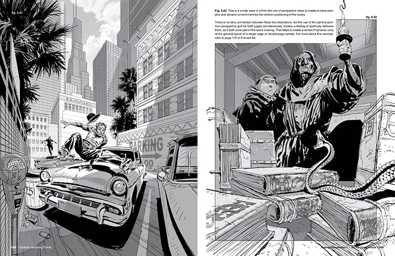 Illustrated comic book page with a cityscape and a character holding a snake.