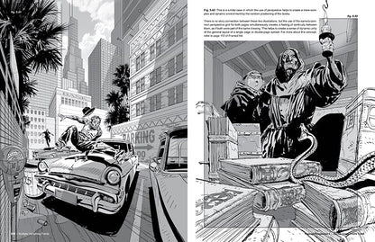 Illustrated comic book page with a cityscape and a character holding a snake.