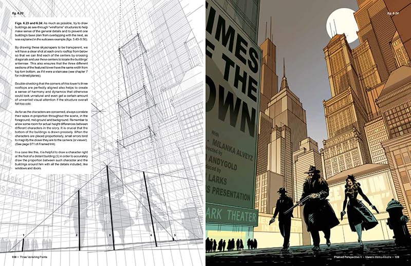 Illustration of a cityscape with people walking, featuring architectural drawings on the left.