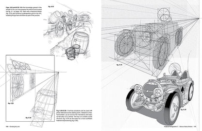 A printed page or booklet spread showing technical line drawings and wireframe renderings of a vintage race car, with explanatory text and measurement-style construction guides.