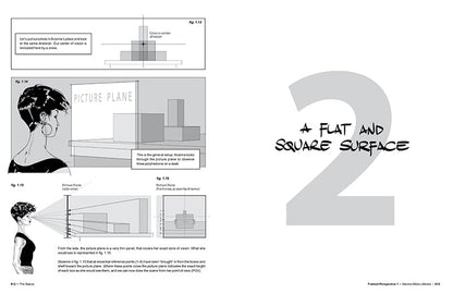 A printed page spread from a book or magazine about art and perspective, with grayscale diagrams, small black-and-white illustrations, and large text reading '2' and 'A FLAT AND SQUARE SURFACE.'.