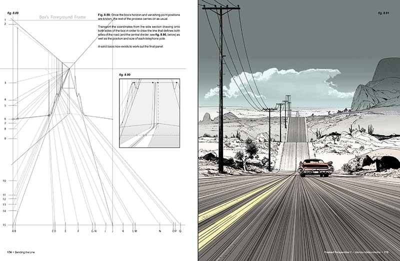 A split-page art print or book spread showing a black-and-white architectural composition diagram on the left and a desert road scene with a car on the right.