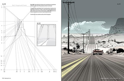A split-page art print or book spread showing a black-and-white architectural composition diagram on the left and a desert road scene with a car on the right.