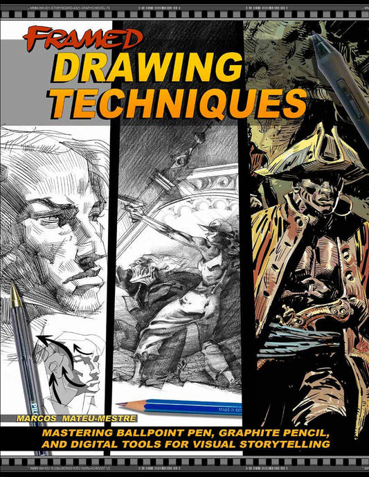 Cover of the book 'FRAMED DRAWING TECHNIQUES' showing a collage of artwork and a pencil with a brush tip, indicating the book's focus on drawing techniques and tools.