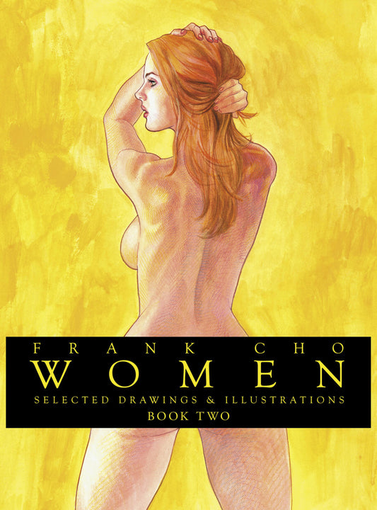 Cover of the book 'FRANK CHO WOMEN HC BOOK 02' featuring a stylized illustration of a woman with flowing red hair and a nude figure, set against a vibrant yellow background.