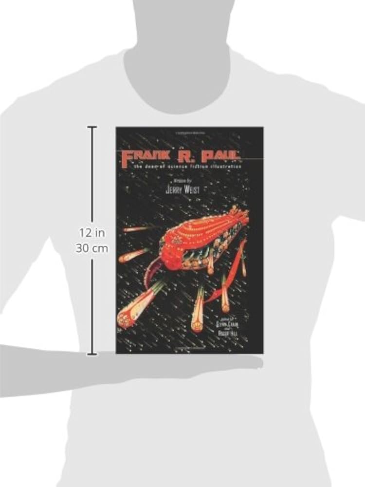 A book cover for 'Frank R. Paul' displayed on a gray silhouette torso with a height measurement marker reading 12 in (30 cm) beside it.