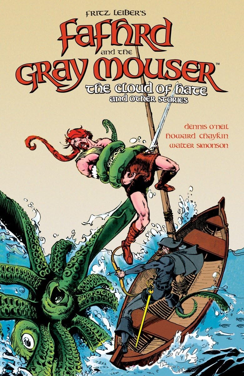 Fritz Leiber's 'Fafnird and the Gray Mouser' book cover, featuring a fantasy illustration of a warrior fighting a giant green octopus while another figure falls into a boat with a rope.
