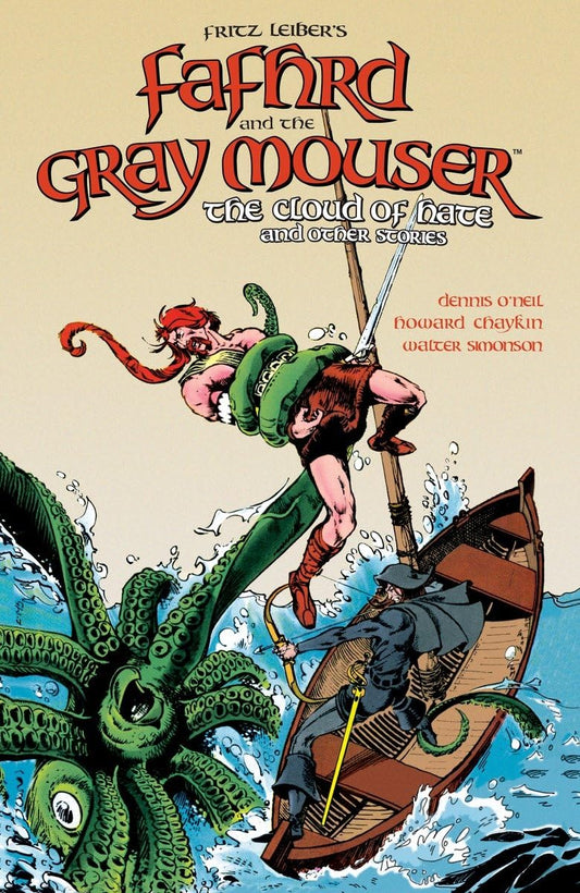 Fritz Leiber's 'Fafnird and the Gray Mouser' book cover, featuring a fantasy illustration of a warrior fighting a giant green octopus while another figure falls into a boat with a rope.