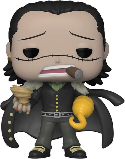 Funko Pop! vinyl figure of Crocodile from One Piece, featuring his signature black hair, stitched face, black coat, and yellow hook hand, isolated on a white background.