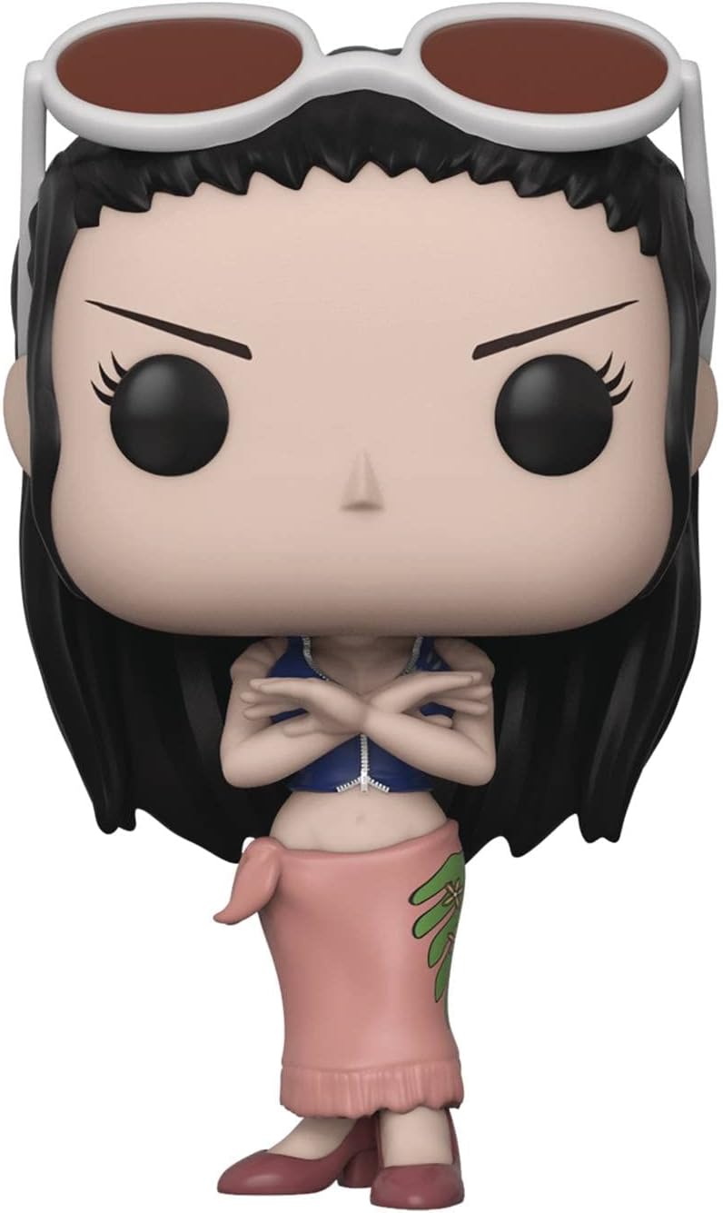 A Funko Pop! vinyl figure of a stylized anime character with black hair, large black eyes, and white-framed sunglasses on her head, wearing a blue top, pink skirt, and green leaf detail, shown against a plain white background.