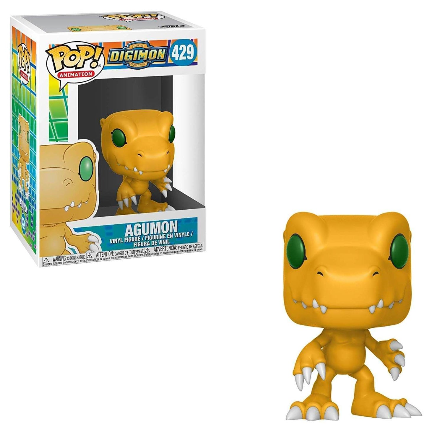 A yellow Digimon Agumon vinyl figure shown next to its retail box on a plain white background. The Funko Pop! Animation series Digimon figure is numbered 429.