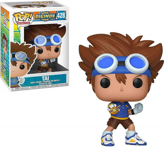 A Funko Pop! vinyl figure of Tai from Digimon, shown both inside its original window box packaging and as a standalone figure. The figure features brown hair, a blue headband with goggles, a blue and yellow shirt, and brown shorts.