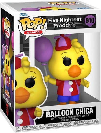 Funko Pop! Games vinyl figure of Balloon Chica from Five Nights at Freddy's, number 910 in the series. The figure is a yellow chick wearing a red and purple cap and a pink, purple, and blue outfit, holding a purple balloon inside its original white window box packaging.