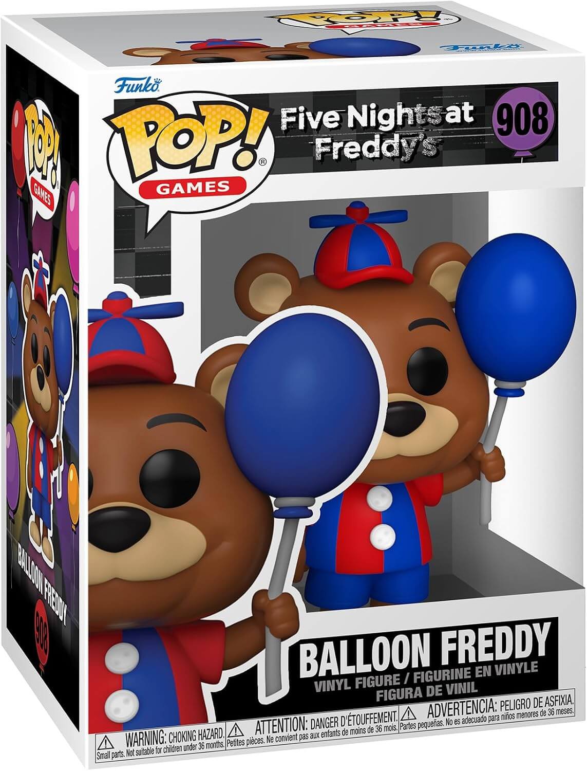 Funko Pop! Games vinyl figure of Balloon Freddy from Five Nights at Freddy's, number 908 in the series. The figure is shown inside its original retail packaging, wearing a red and blue cap and holding two blue balloons.