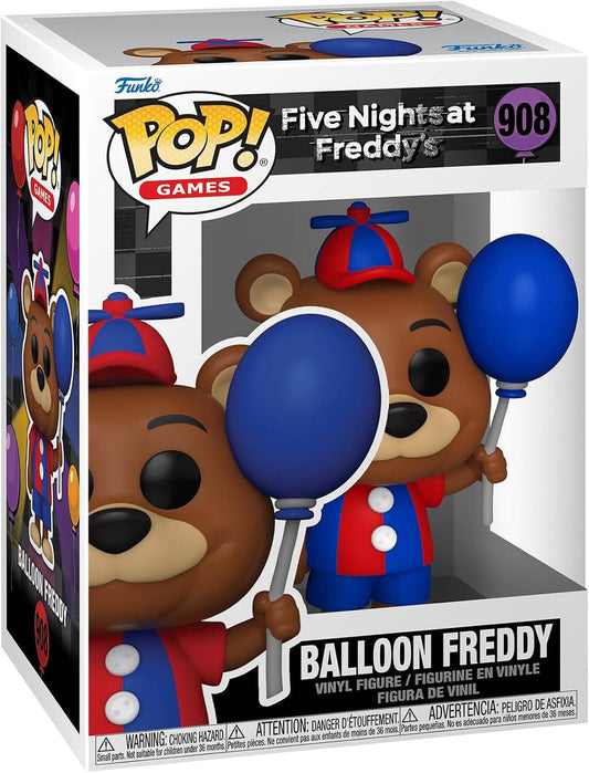 Funko Pop! Games vinyl figure of Balloon Freddy from Five Nights at Freddy's, number 908 in the series. The figure is shown inside its original retail packaging, wearing a red and blue cap and holding two blue balloons.
