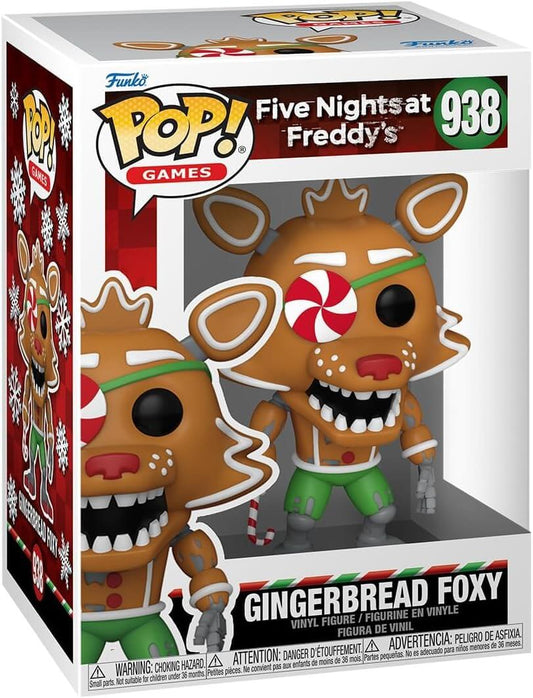 Funko Pop! Games vinyl figure of Five Nights at Freddy's 'Gingerbread Foxy' (number 938) in its original retail packaging. The figure is depicted as a gingerbread fox with green pants, a red and white peppermint patch on its eye, and a red striped neck, set against a white background with red and green accents.