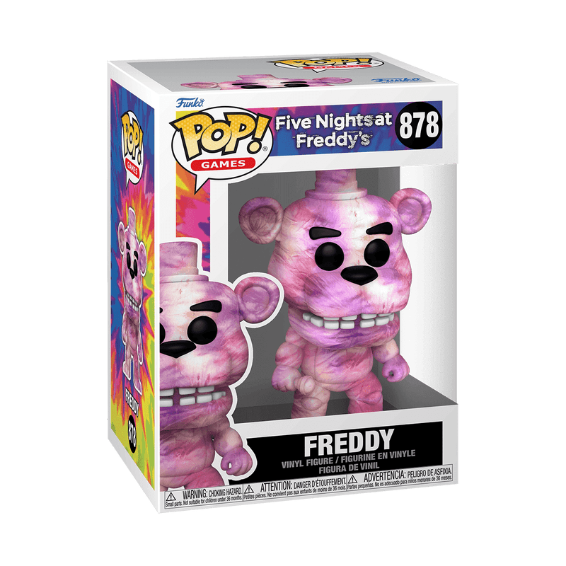 Funko Pop! Games vinyl figure of Freddy from Five Nights at Freddy's, number 878, in its original window box packaging. The figure is a pink and purple marbled or tie-dye style, with black eyes and a wide grin, set against a clean white background.