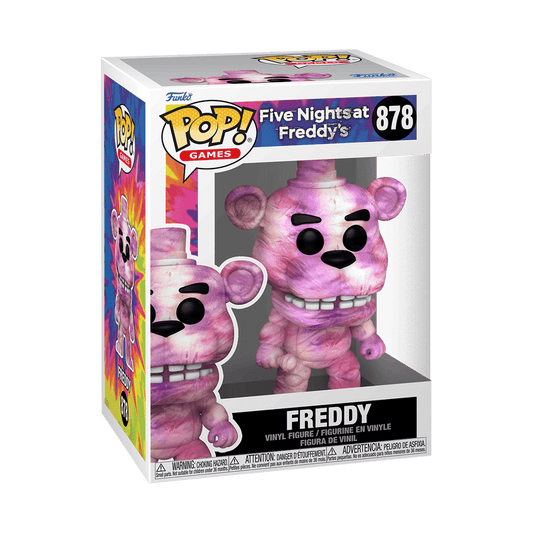 Funko Pop! Games vinyl figure of Freddy from Five Nights at Freddy's, number 878, in its original window box packaging. The figure is a pink and purple marbled or tie-dye style, with black eyes and a wide grin, set against a clean white background.