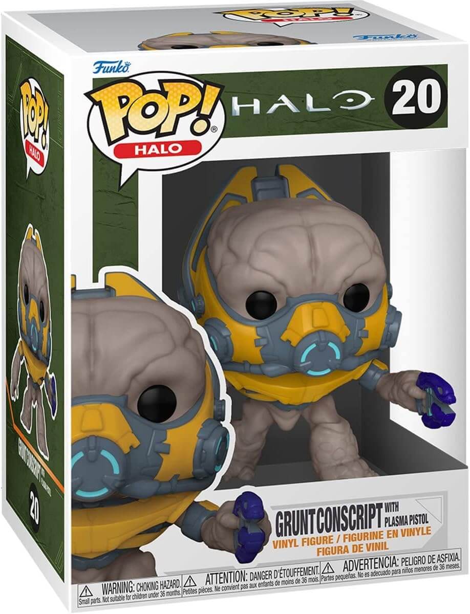 Funko Pop! Halo Gruntconscript vinyl figure in its original packaging, featuring a yellow and blue armored character with a gray brain-like head.