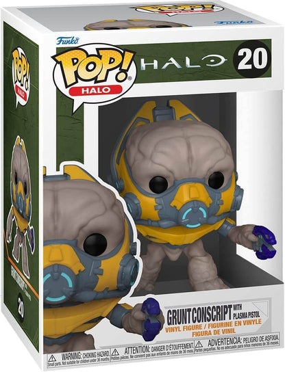 Funko Pop! Halo Gruntconscript vinyl figure in its original packaging, featuring a yellow and blue armored character with a gray brain-like head.