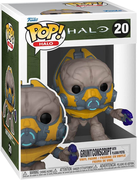 Funko Pop! Halo Gruntconscript vinyl figure in its original packaging, featuring a yellow and blue armored character with a gray brain-like head.