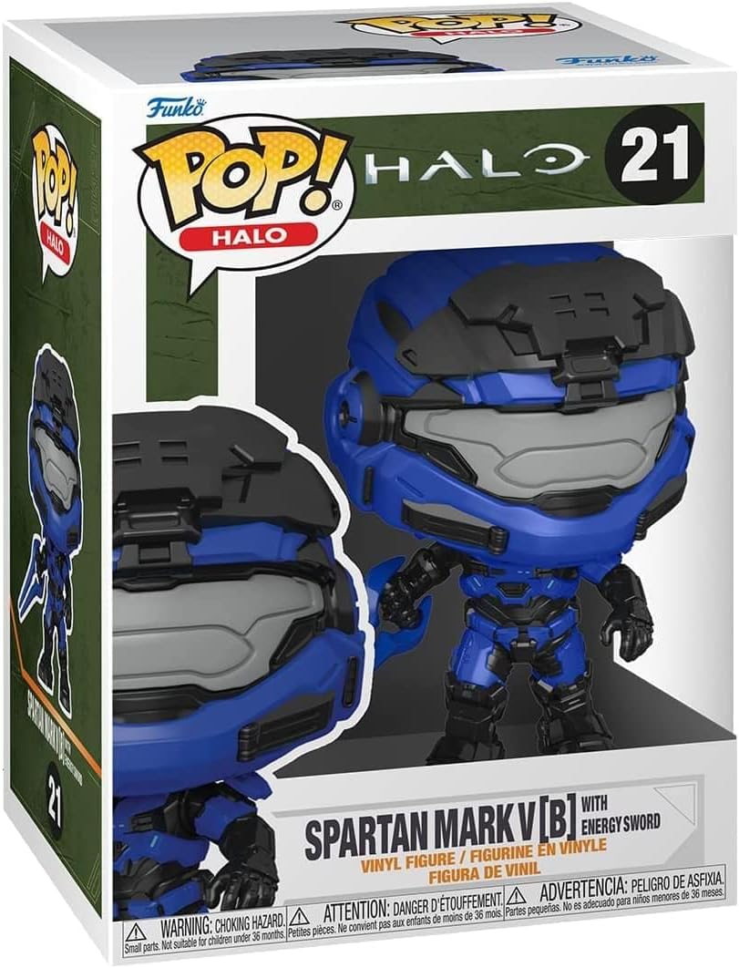 Funko Pop! Halo Spartan Mark V [B] vinyl figure in its original packaging, featuring a blue and black armored sci-fi character with a sword, shown on a white box with Halo branding.