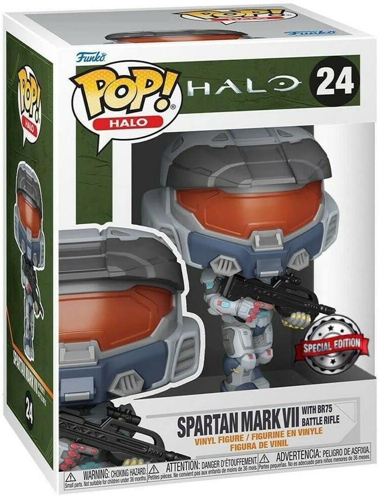 Funko Pop! Halo Spartan Mark VII vinyl figure number 24 in its original window box packaging, featuring the figure with a battle rifle.